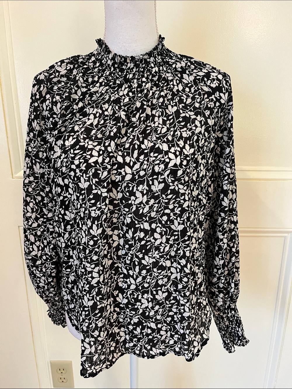LOFT Black and White Floral Smocked-Neck Blouse with Long Sleeves